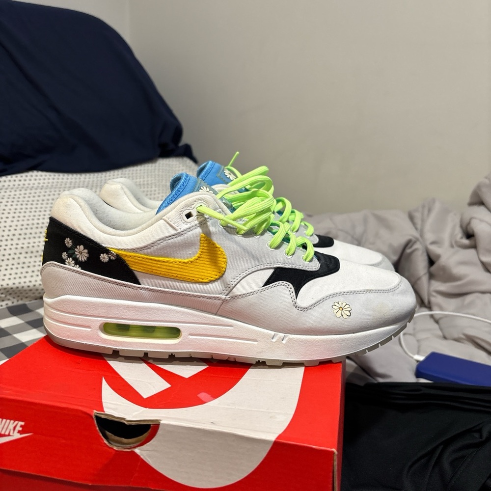 Nike Air Max 1 White Yellow Black with Neon Green Laces